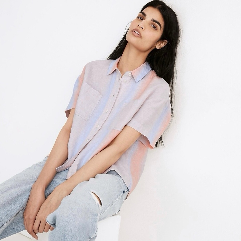 Madewell Linen Beachside Shirt Short Sleeve Ombre Stripe Orange Blue 1X